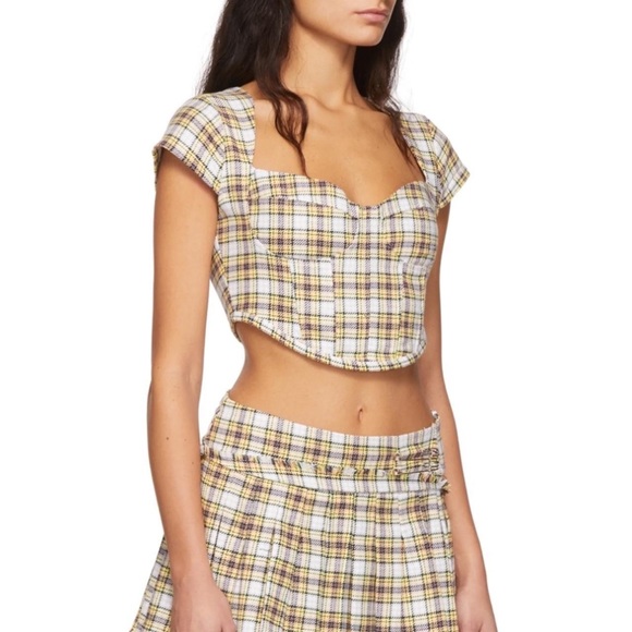 Danielle Guizio White Plaid Corset Top in Yellow and Lime, size S - Picture 2 of 5
